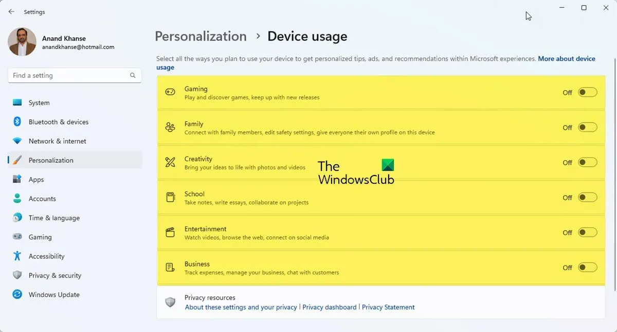 Windows 11: ¿Cómo cambio o personalizo el uso de mi dispositivo?