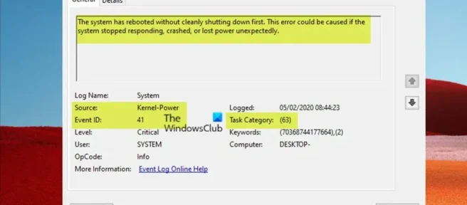 Kernel-Power ID evento 41 Errore attività 63 in Windows 11/10