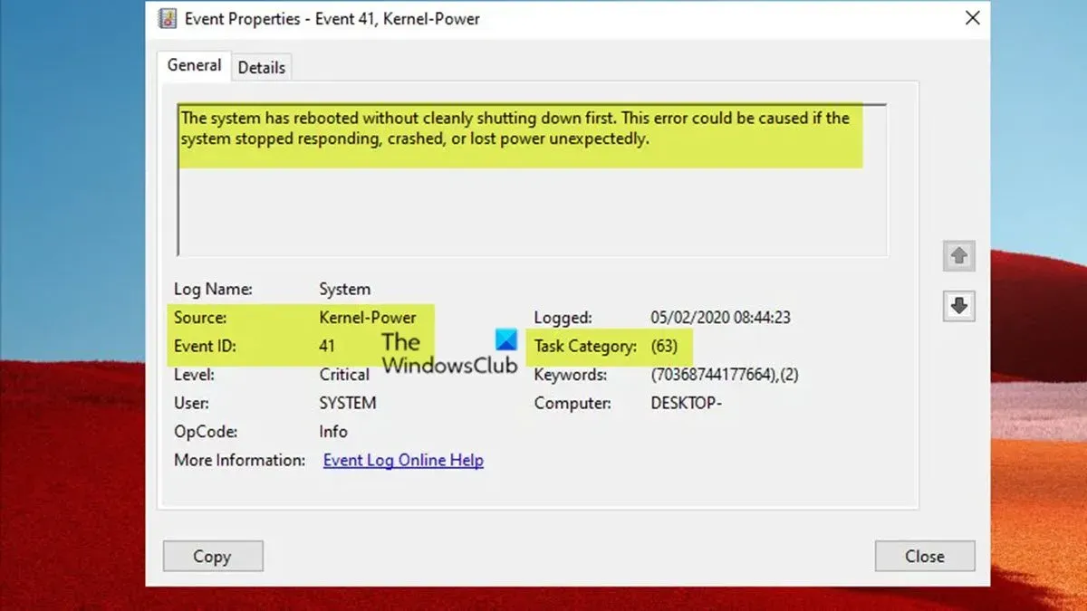 Kernel-Power ID evento 41 Errore attività 63 in Windows 11/10