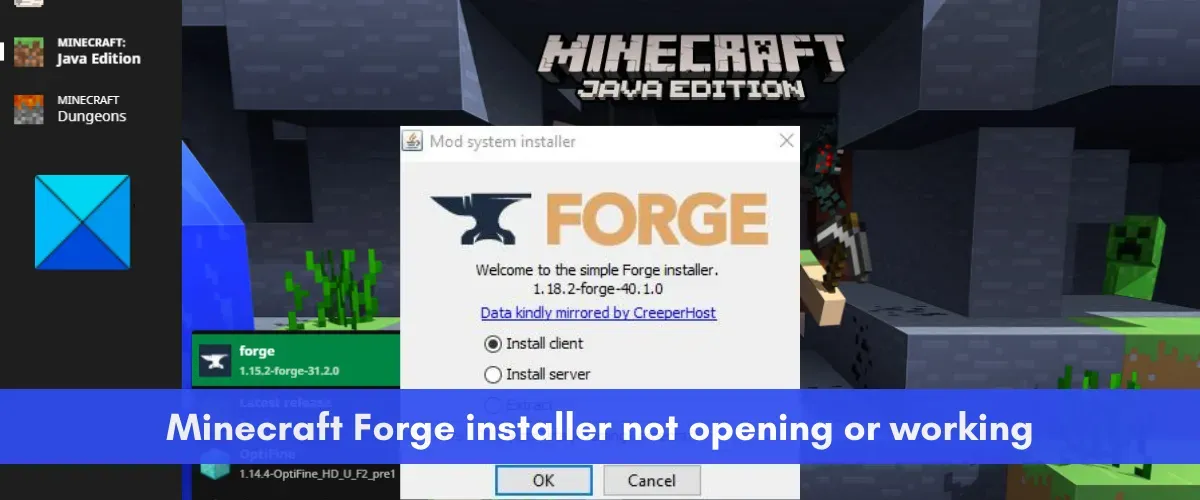 Il programma di installazione di Minecraft Forge non si apre o non funziona su Windows 11
