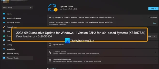 Windows 11 업데이트를 다운로드하거나 설치할 때 오류 0x800f0806 수정