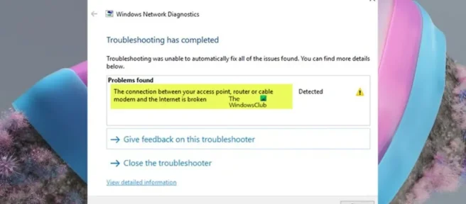 De verbinding tussen uw toegangspunt, router of kabelmodem en internet is verbroken