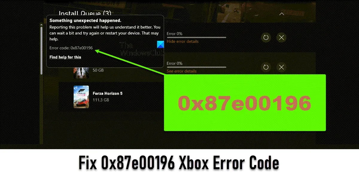 Corrigir o código de erro do Xbox 0x87e00196