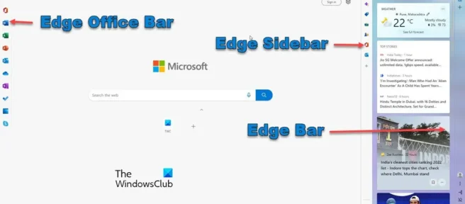 Explicação do Microsoft Edge Bar, Edge Sidebar e Edge Office Bar
