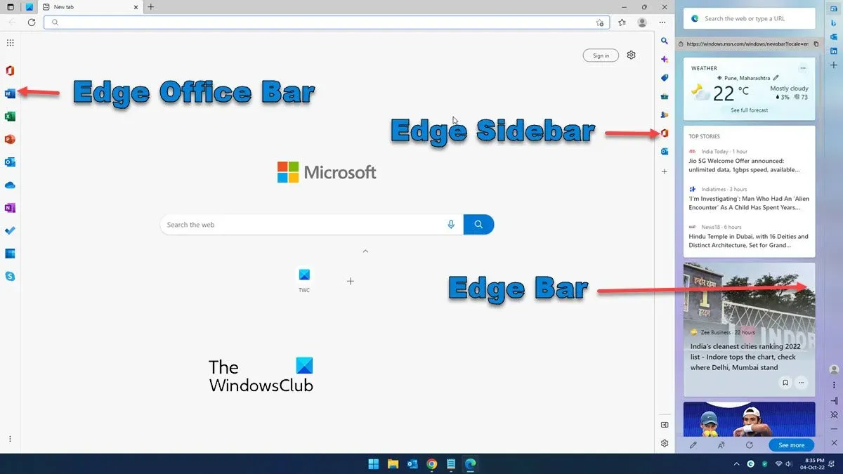 Explicação do Microsoft Edge Bar, Edge Sidebar e Edge Office Bar