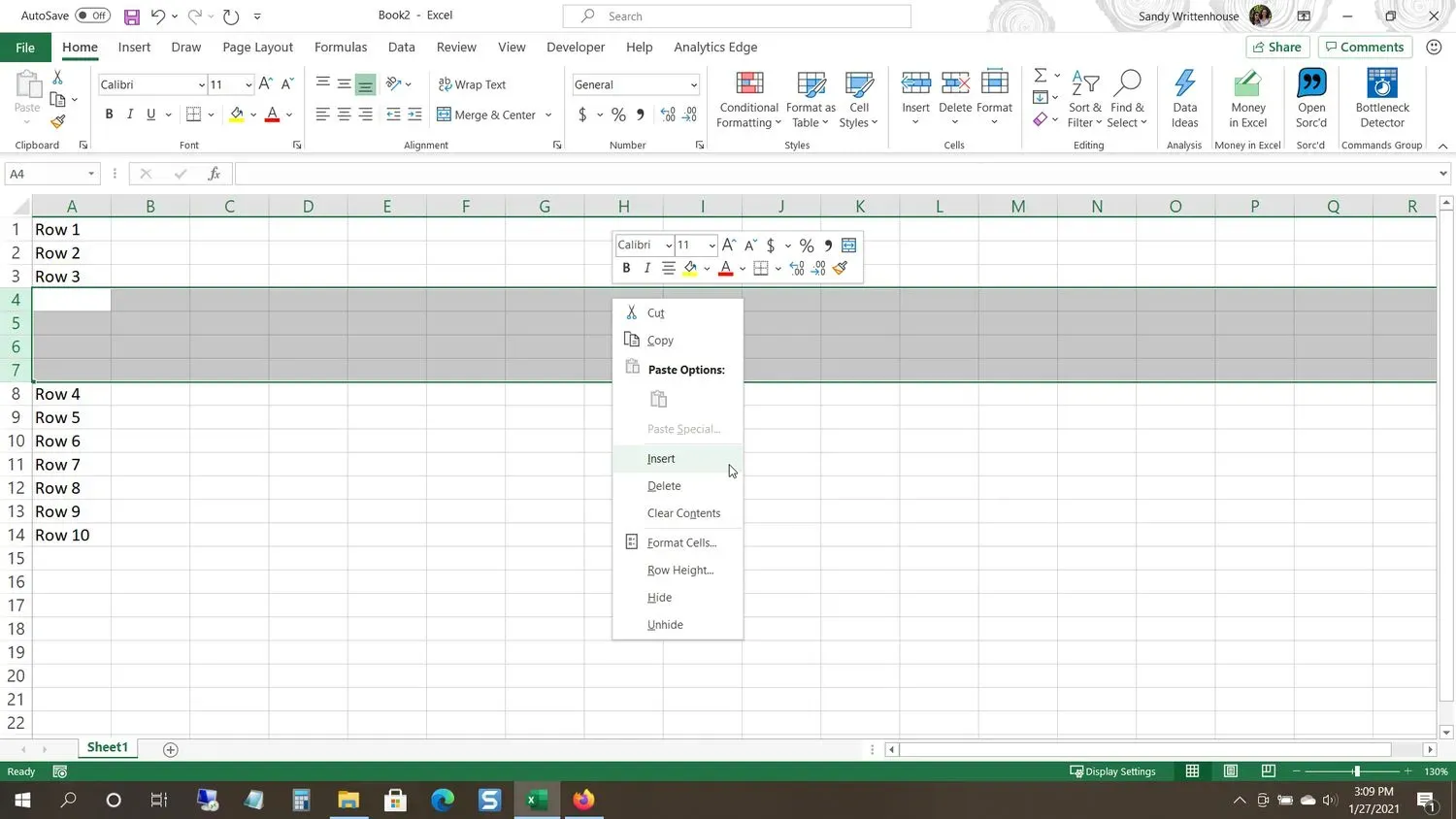 Excelで複数の行を挿入する方法