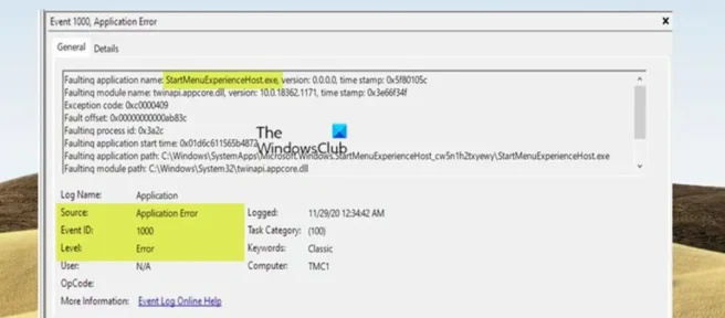 Windows 11/10 中的 StartMenuExperienceHost.exe 錯誤 1000、1002